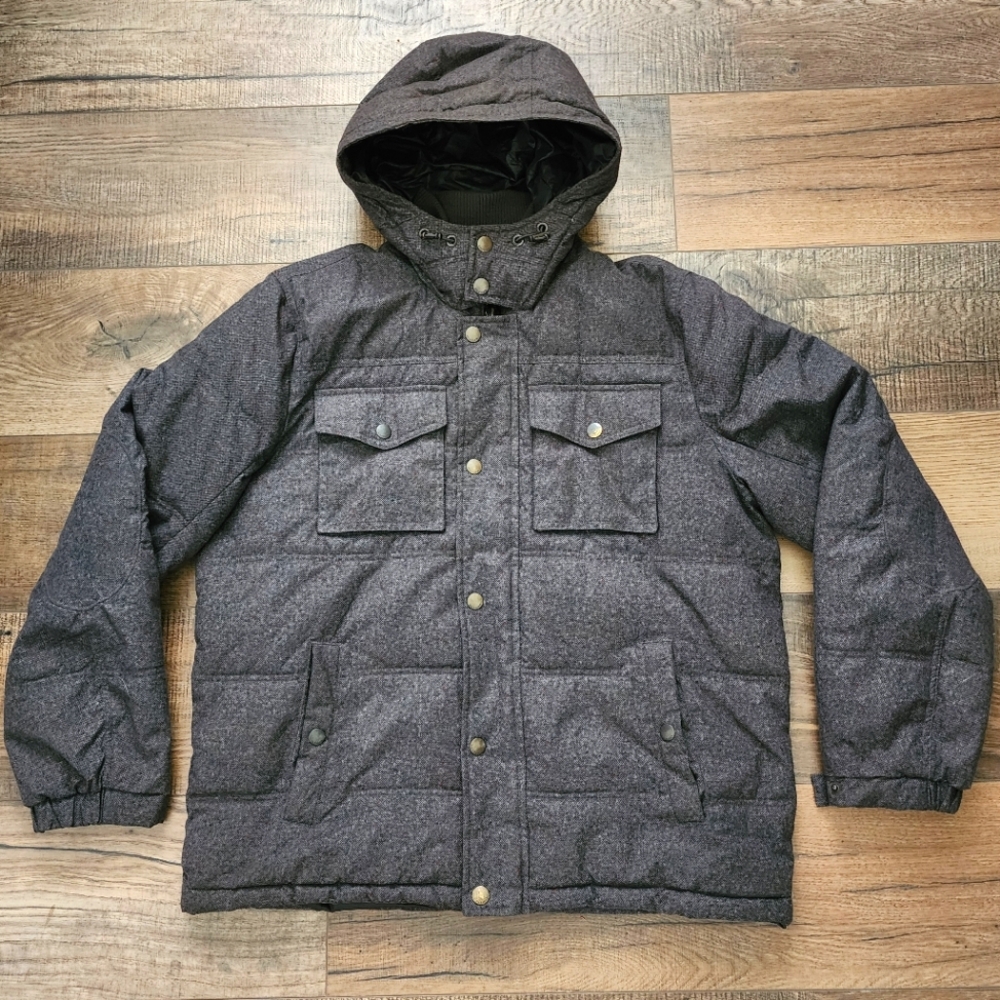 TOMMY HILFIGER Men Hooded Jacket L Large Quilted Insulated Lined Charcoal Coat